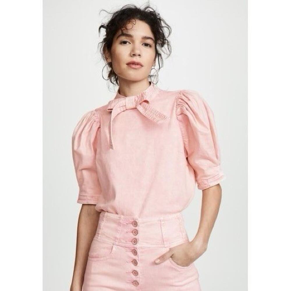 Ulla Johnson Briony Top Size 0 Acid Wash Pale Pink Denim‎ Cotton Bow Puff Sleeve